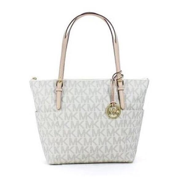 Michael Kors Signature Tan Brown Vanilla Logo Tote Jet Set Handbag Large Purse - Picture 1 of 15